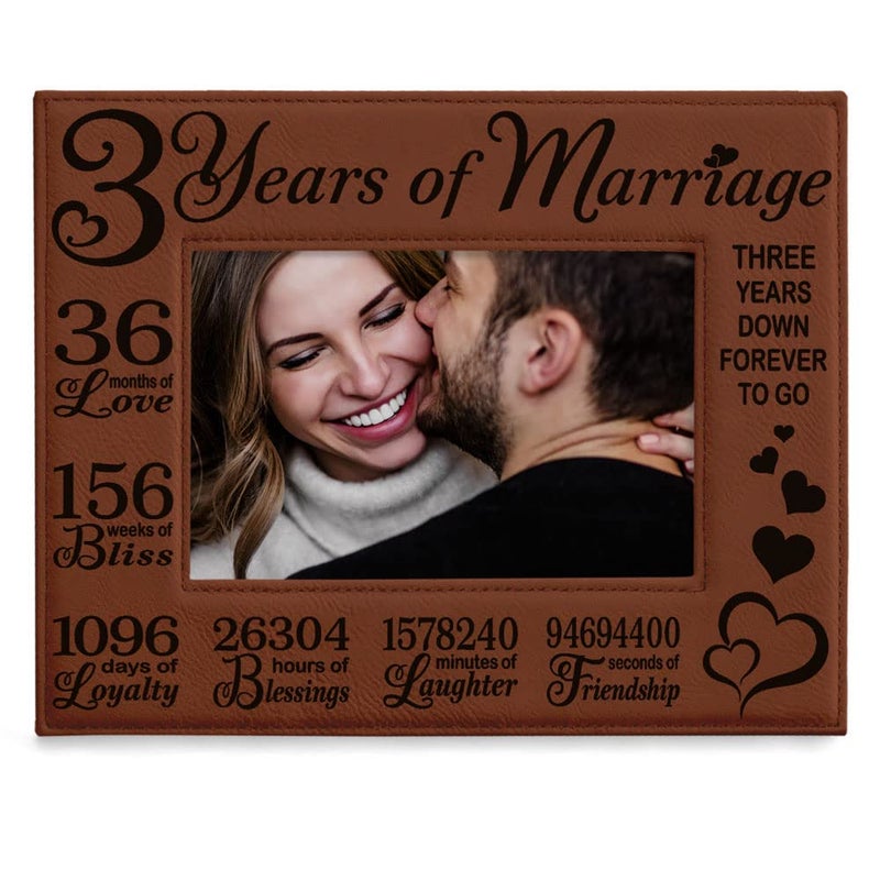 KATE POSH 3rd Anniversary Engraved Rawhide Leather Picture Frame (5x7 Horizontal) - Image 1